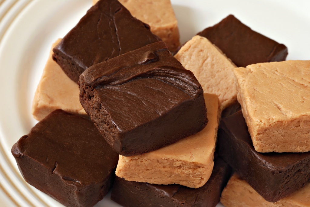 Chocolate fudge with peanut butter fudge on plate.  Macro with shallow dof.