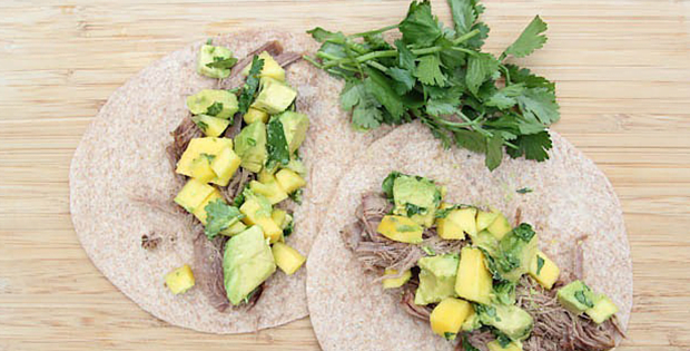 Slow Cooked Shredded Beef Tacos with Mango-Avocado Salsa